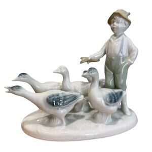 Vintage Gerold Porcelain Farm Boy w Geese Flock Figurine Blue White Euro Cottage